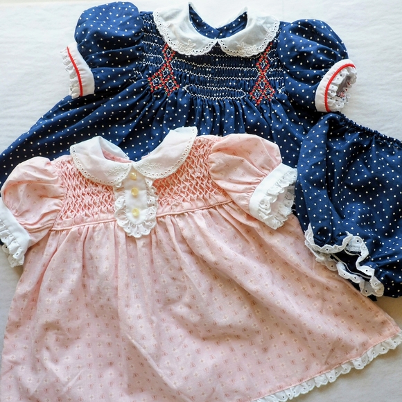 Vintage Polly Flinders Smocked Dresses 12 Mos Baby Prairie Cottagecore Eyelet - Picture 1 of 16